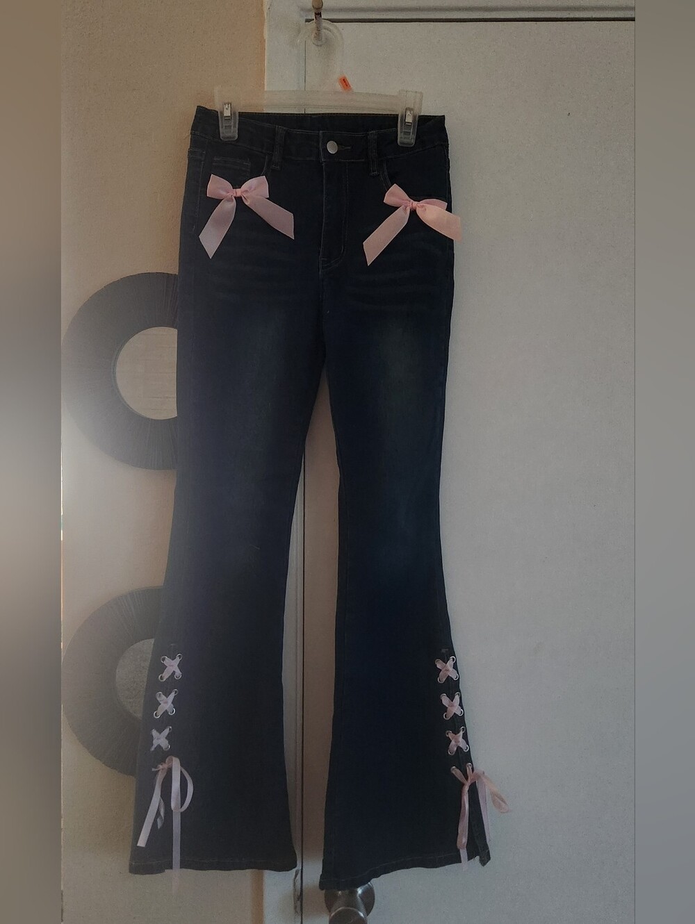 SHEIN Dark Blue Flared Jeans with Pink Ribbon Lacing